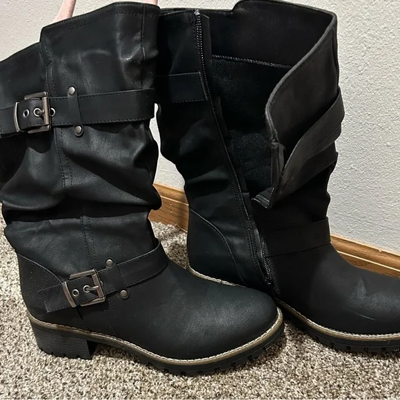 Global Win Black Moto Wide Calf Boots with Buckle Accents - Picture 4 of 9